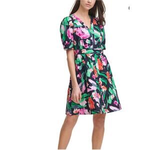 DKNY Dress Womens 16 Black Multicolor Floral Mini‎ Resort Vacation Summer Office